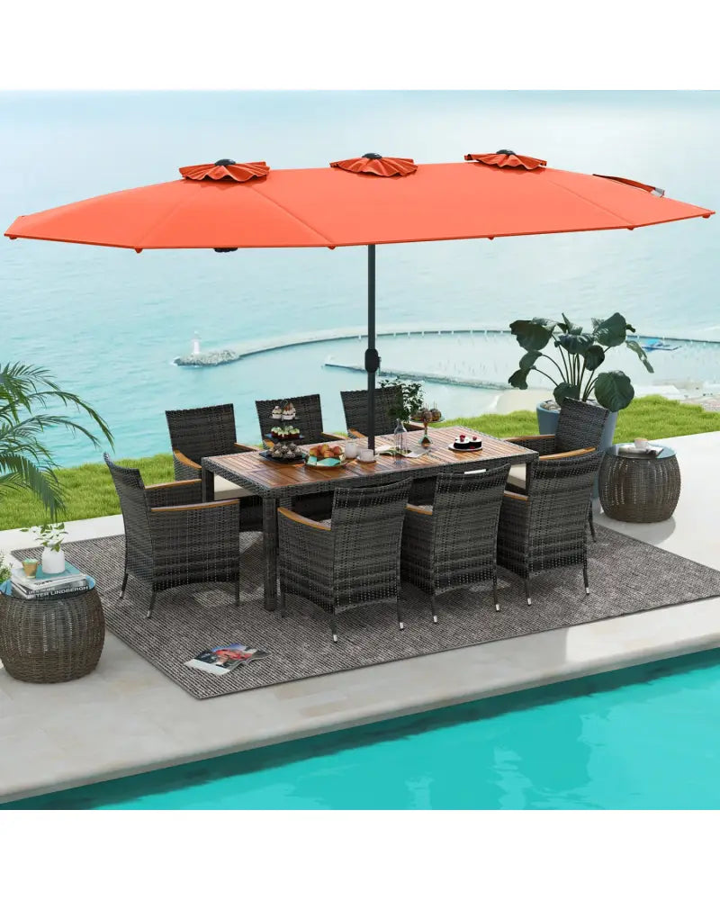 10 Pieces Patio Wicker Dining Set with 15 Feet Double-Sided Patio Umbrella-Orange - Orange - Patio Dining Sets