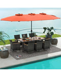 10 Pieces Patio Wicker Dining Set with 15 Feet Double-Sided Patio Umbrella-Orange - Orange - Patio Dining Sets