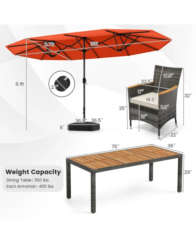 10 Pieces Patio Wicker Dining Set with 15 Feet Double-Sided Patio Umbrella-Orange - Orange - Patio Dining Sets