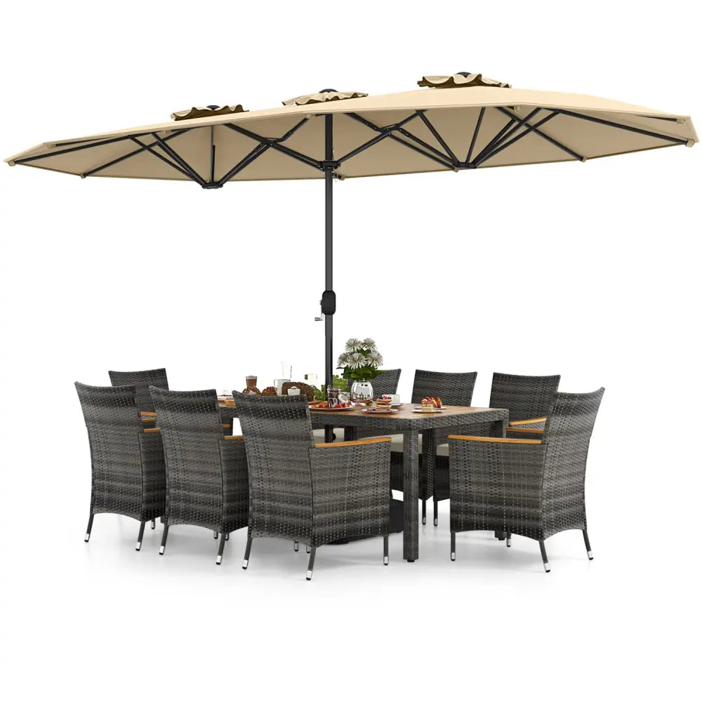 10 Pieces Patio Wicker Dining Set with 15 Feet Double-Sided Patio Umbrella-Beige - Beige - Patio Dining Sets
