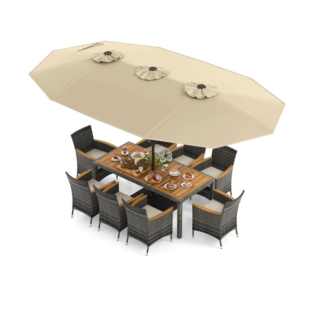 10 Pieces Patio Wicker Dining Set with 15 Feet Double-Sided Patio Umbrella-Beige - Beige - Patio Dining Sets