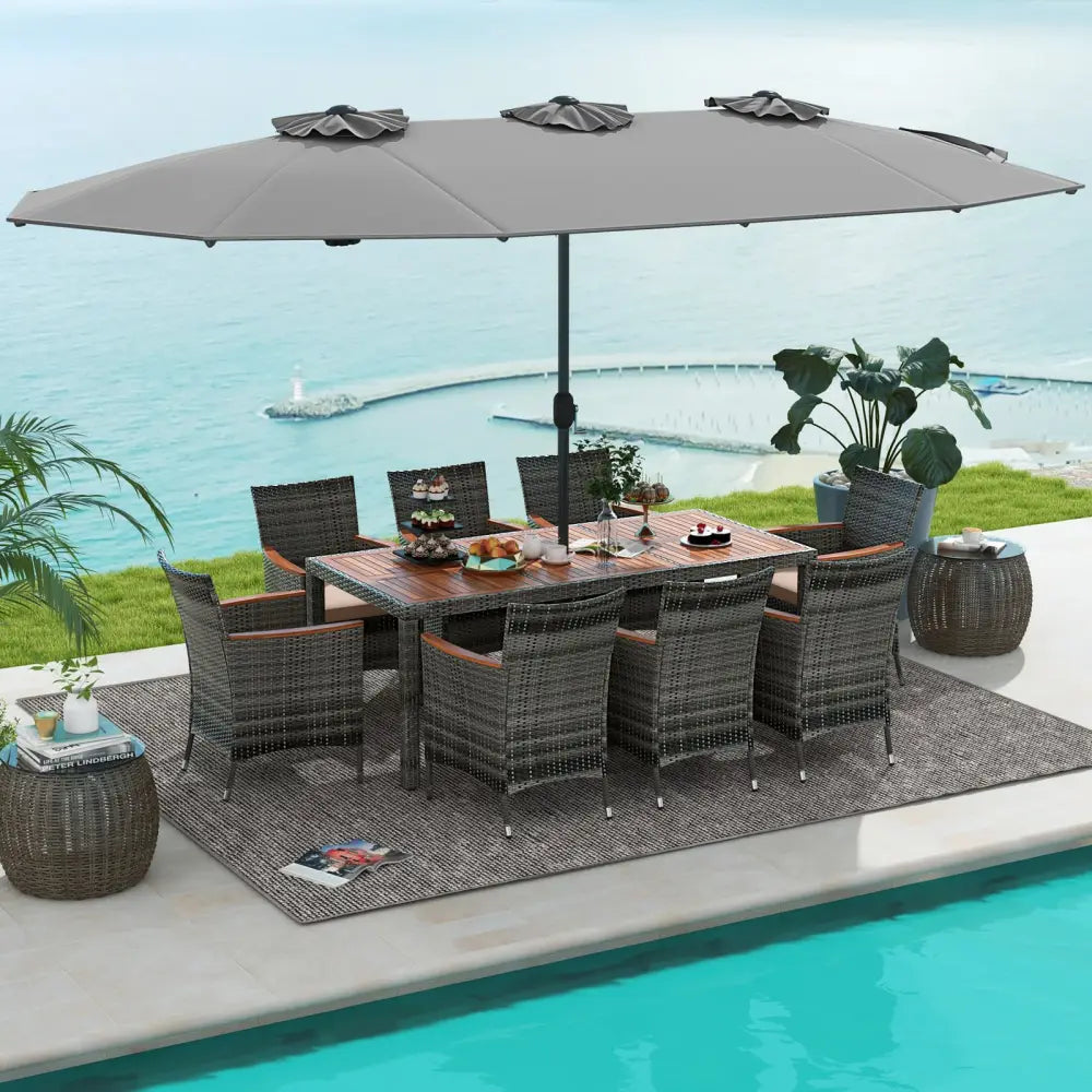 10 Pieces Patio Wicker Dining Set with 15 Feet Double-Sided Patio Umbrella-Gray - Gray - Patio Dining Sets