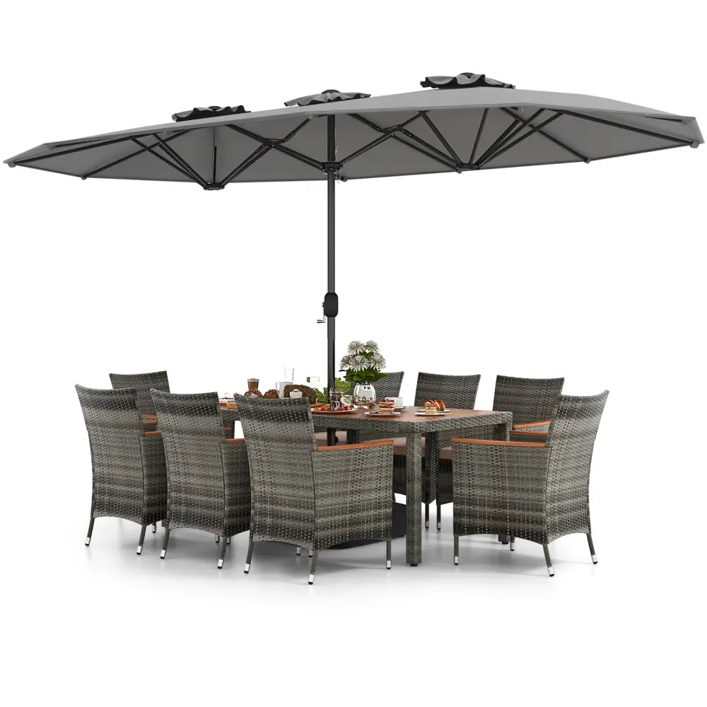10 Pieces Patio Wicker Dining Set with 15 Feet Double-Sided Patio Umbrella-Gray - Gray - Patio Dining Sets
