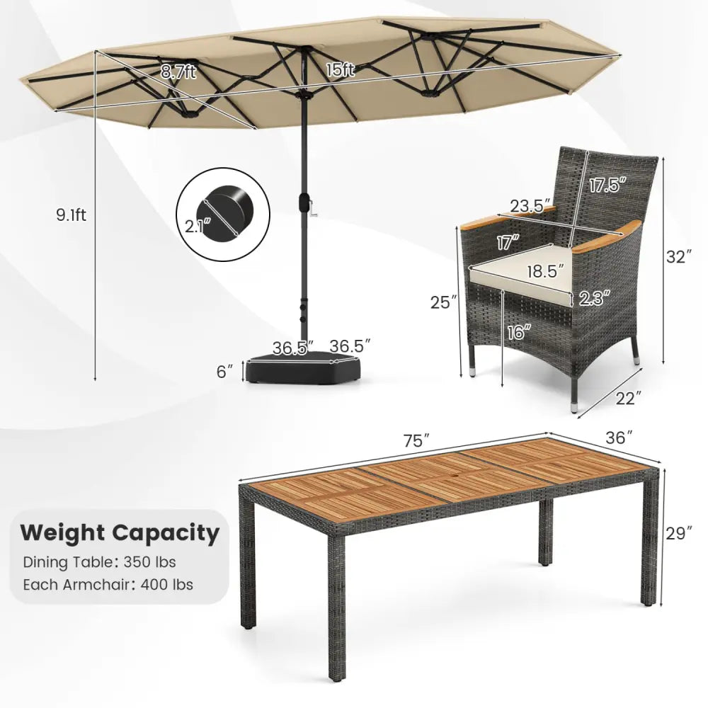 10 Pieces Patio Wicker Dining Set with 15 Feet Double-Sided Patio Umbrella-Beige - Beige - Patio Dining Sets