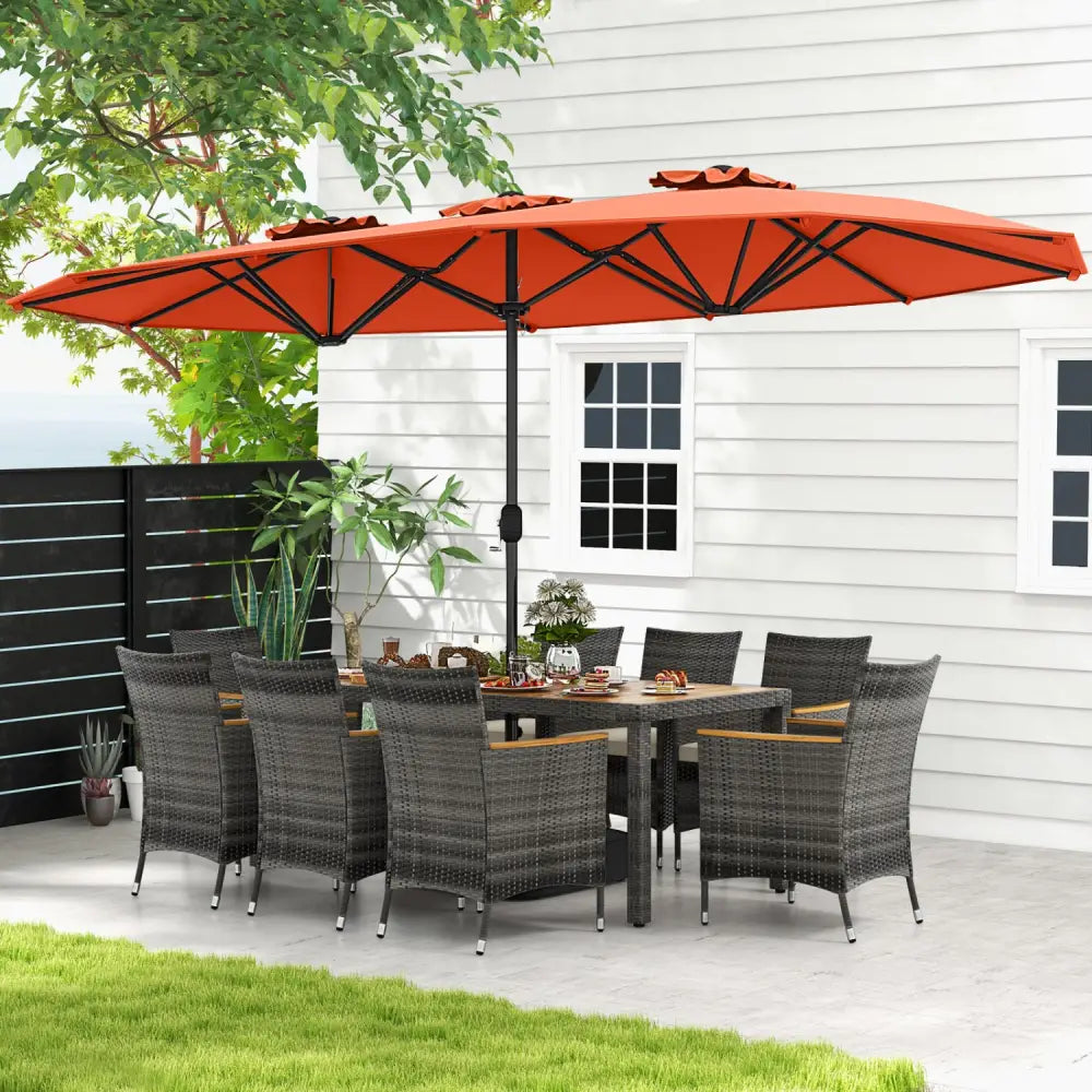 10 Pieces Patio Wicker Dining Set with 15 Feet Double-Sided Patio Umbrella-Orange - Orange - Patio Dining Sets