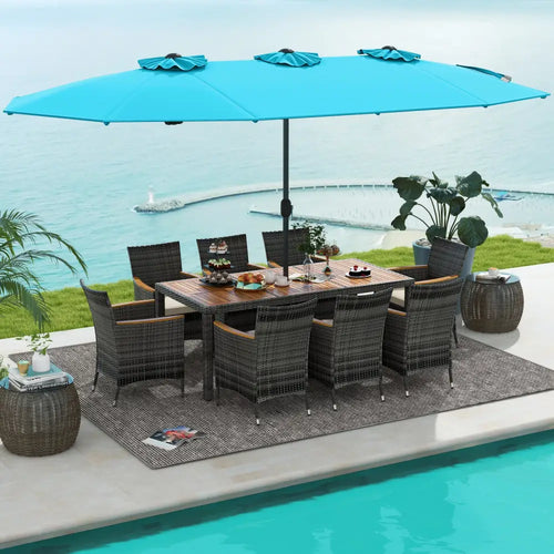 10 Pieces Patio Wicker Dining Set with 15 Feet Double-Sided Patio Umbrella-Turquoise - Turquoise - Patio Dining Sets