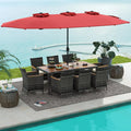 10 Pieces Patio Wicker Dining Set with 15 Feet Double-Sided Patio Umbrella-Red - Red - Patio Dining Sets