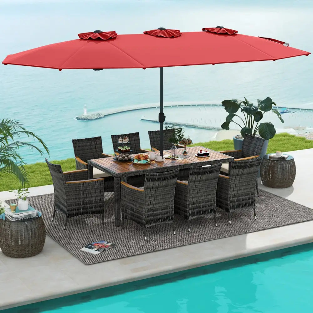 10 Pieces Patio Wicker Dining Set with 15 Feet Double-Sided Patio Umbrella-Red - Red - Patio Dining Sets