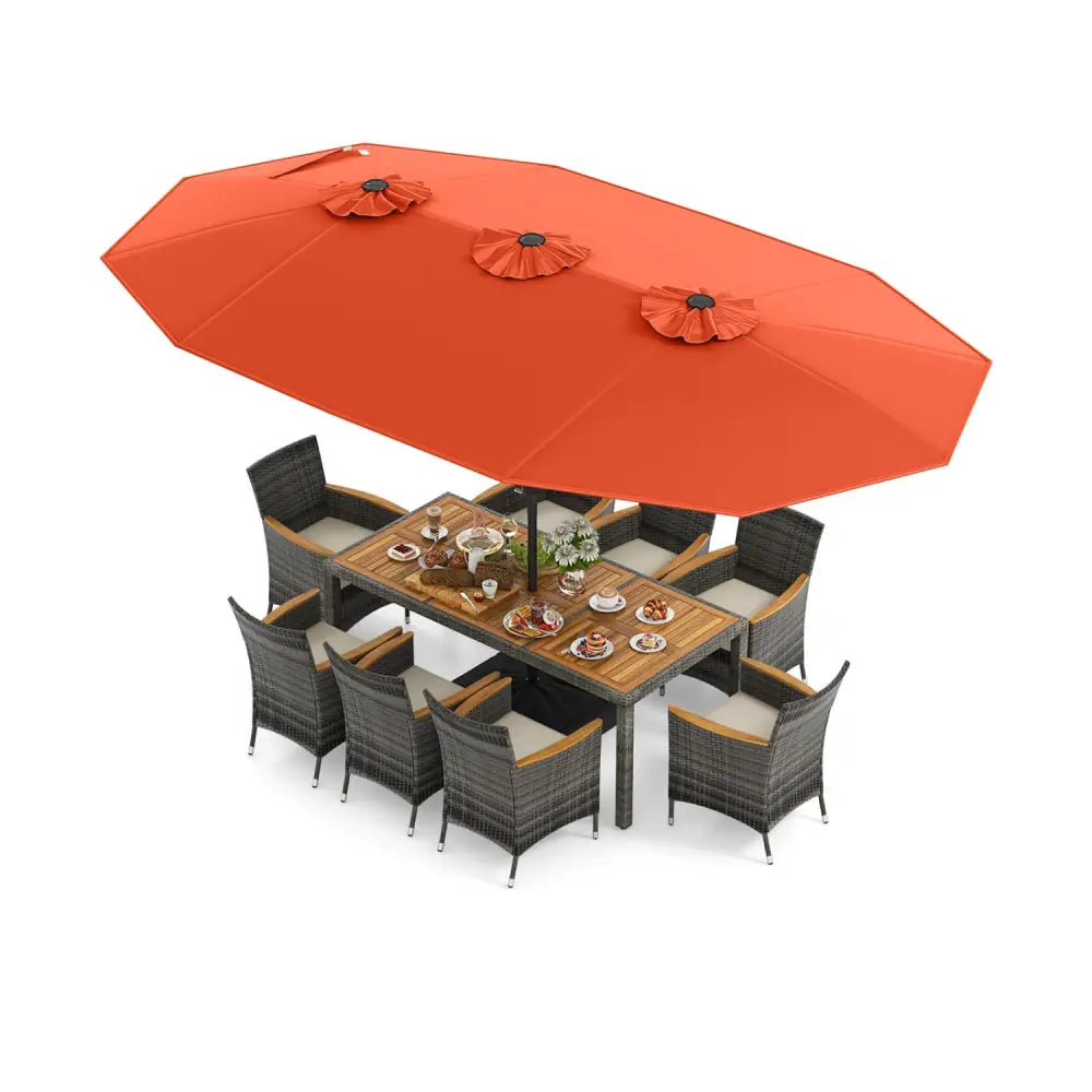 10 Pieces Patio Wicker Dining Set with 15 Feet Double-Sided Patio Umbrella-Orange - Orange - Patio Dining Sets