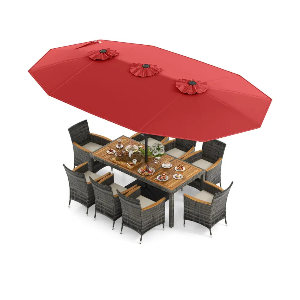 10 Pieces Patio Wicker Dining Set with 15 Feet Double-Sided Patio Umbrella-Red - Red - Patio Dining Sets