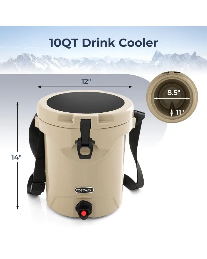 10 QT Drink Cooler Insulated Ice Chest with Spigot Flat Seat Lid and Adjustable Strap-Beige - Beige - Coolers