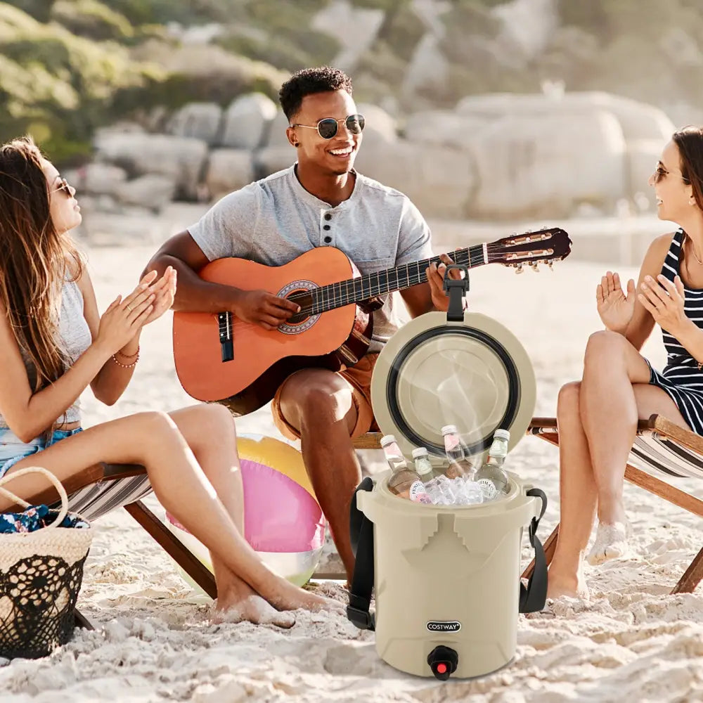 10 QT Drink Cooler Insulated Ice Chest with Spigot Flat Seat Lid and Adjustable Strap-Beige - Beige - Coolers