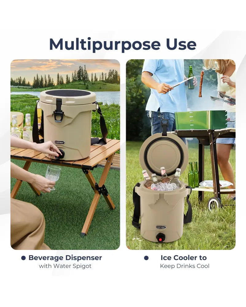 10 QT Drink Cooler Insulated Ice Chest with Spigot Flat Seat Lid and Adjustable Strap-Beige - Beige - Coolers