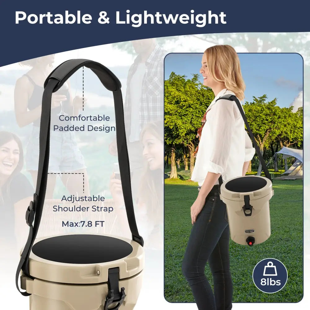 10 QT Drink Cooler Insulated Ice Chest with Spigot Flat Seat Lid and Adjustable Strap-Beige - Beige - Coolers