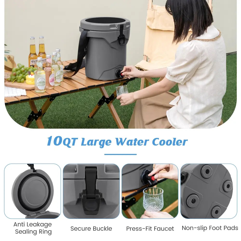 10 QT Drink Cooler Insulated Ice Chest with Spigot Flat Seat Lid and Adjustable Strap-Gray - Gray - Coolers