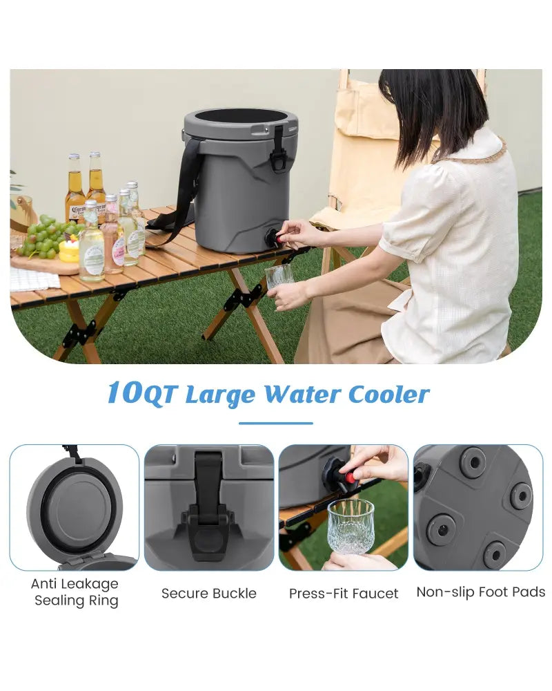 10 QT Drink Cooler Insulated Ice Chest with Spigot Flat Seat Lid and Adjustable Strap-Gray - Gray - Coolers