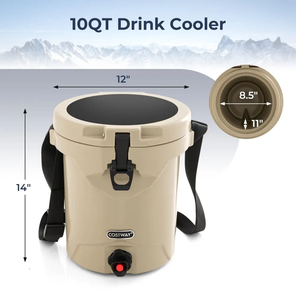 10 QT Drink Cooler Insulated Ice Chest with Spigot Flat Seat Lid and Adjustable Strap-Beige - Beige - Coolers