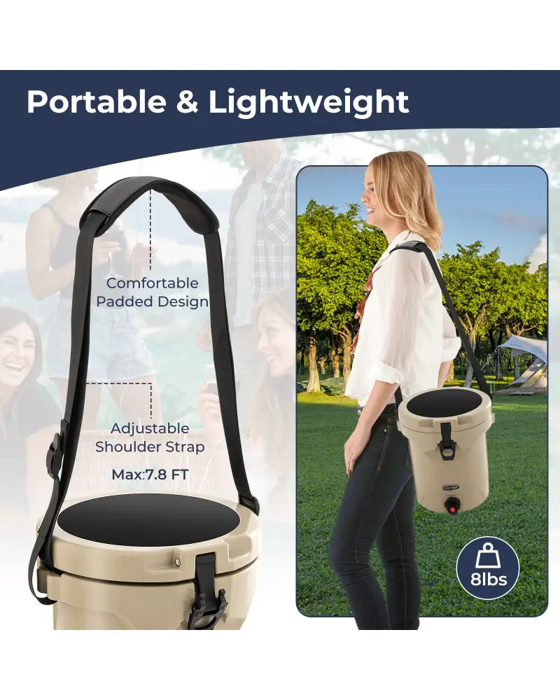 10 QT Drink Cooler Insulated Ice Chest with Spigot Flat Seat Lid and Adjustable Strap-Beige - Beige - Coolers