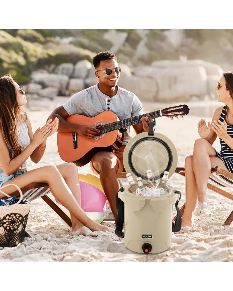 10 QT Drink Cooler Insulated Ice Chest with Spigot Flat Seat Lid and Adjustable Strap-Beige - Beige - Coolers