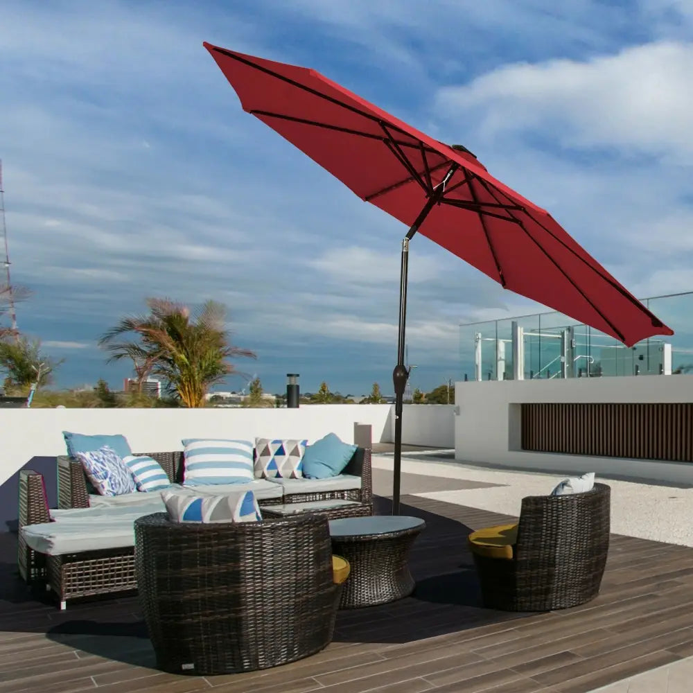 10’ Solar LED Lighted Patio Market Umbrella Shade Tilt Adjustment Crank-Burgundy - Dark Red - Outdoor Umbrellas