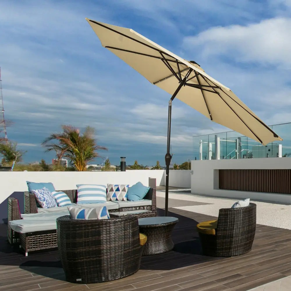 10’ Solar LED Lighted Patio Market Umbrella Shade Tilt Adjustment Crank-Beige - Beige - Outdoor Umbrellas