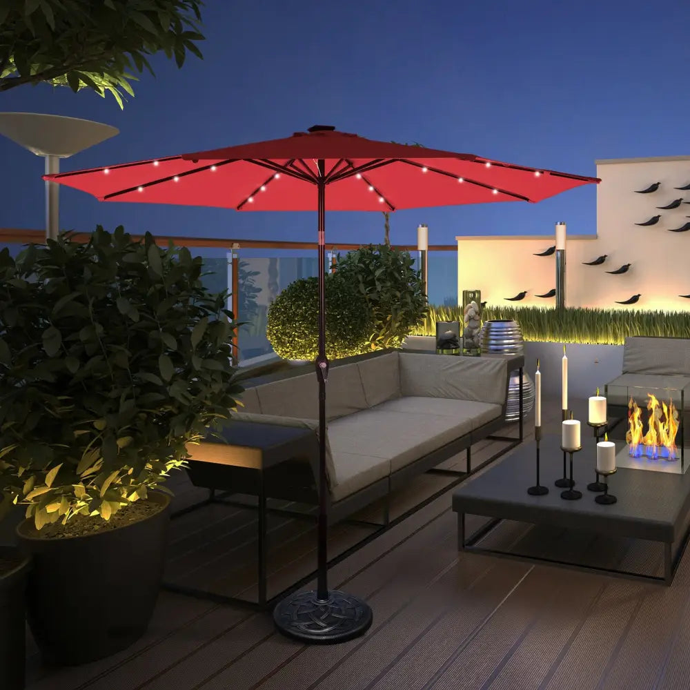 10’ Solar LED Lighted Patio Market Umbrella Shade Tilt Adjustment Crank-Burgundy - Dark Red - Outdoor Umbrellas