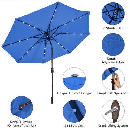 10’ Solar LED Lighted Patio Market Umbrella Shade Tilt Adjustment Crank-Blue - Blue - Outdoor Umbrellas