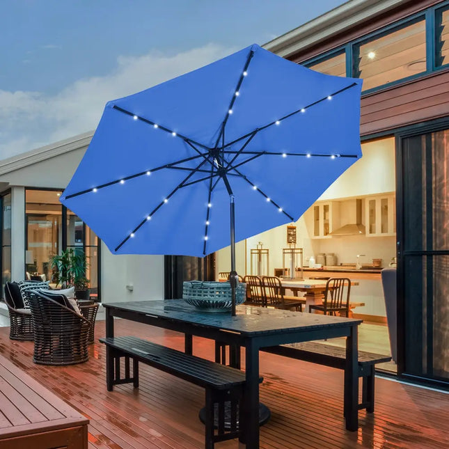 10’ Solar LED Lighted Patio Market Umbrella Shade Tilt Adjustment Crank-Blue - Blue - Outdoor Umbrellas