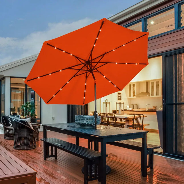 10’ Solar LED Lighted Patio Market Umbrella Shade Tilt Adjustment Crank-Orange - Orange - Outdoor Umbrellas
