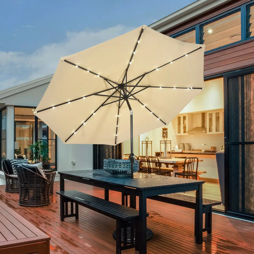 10’ Solar LED Lighted Patio Market Umbrella Shade Tilt Adjustment Crank-Beige - Beige - Outdoor Umbrellas
