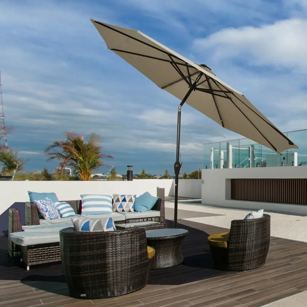 10’ Solar LED Lighted Patio Market Umbrella Shade Tilt Adjustment Crank-Tan - Tan - Outdoor Umbrellas