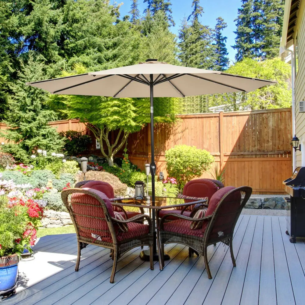 10’ Solar LED Lighted Patio Market Umbrella Shade Tilt Adjustment Crank-Beige - Beige - Outdoor Umbrellas