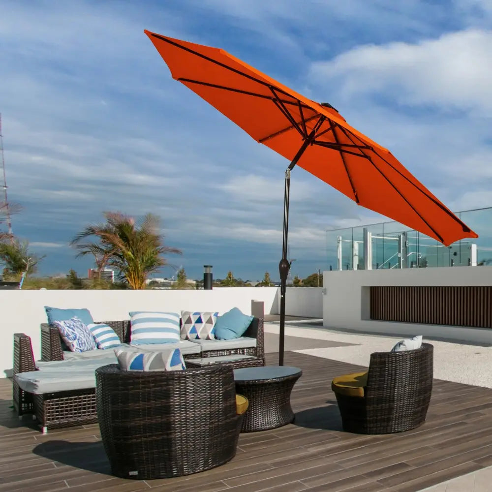 10’ Solar LED Lighted Patio Market Umbrella Shade Tilt Adjustment Crank-Orange - Orange - Outdoor Umbrellas