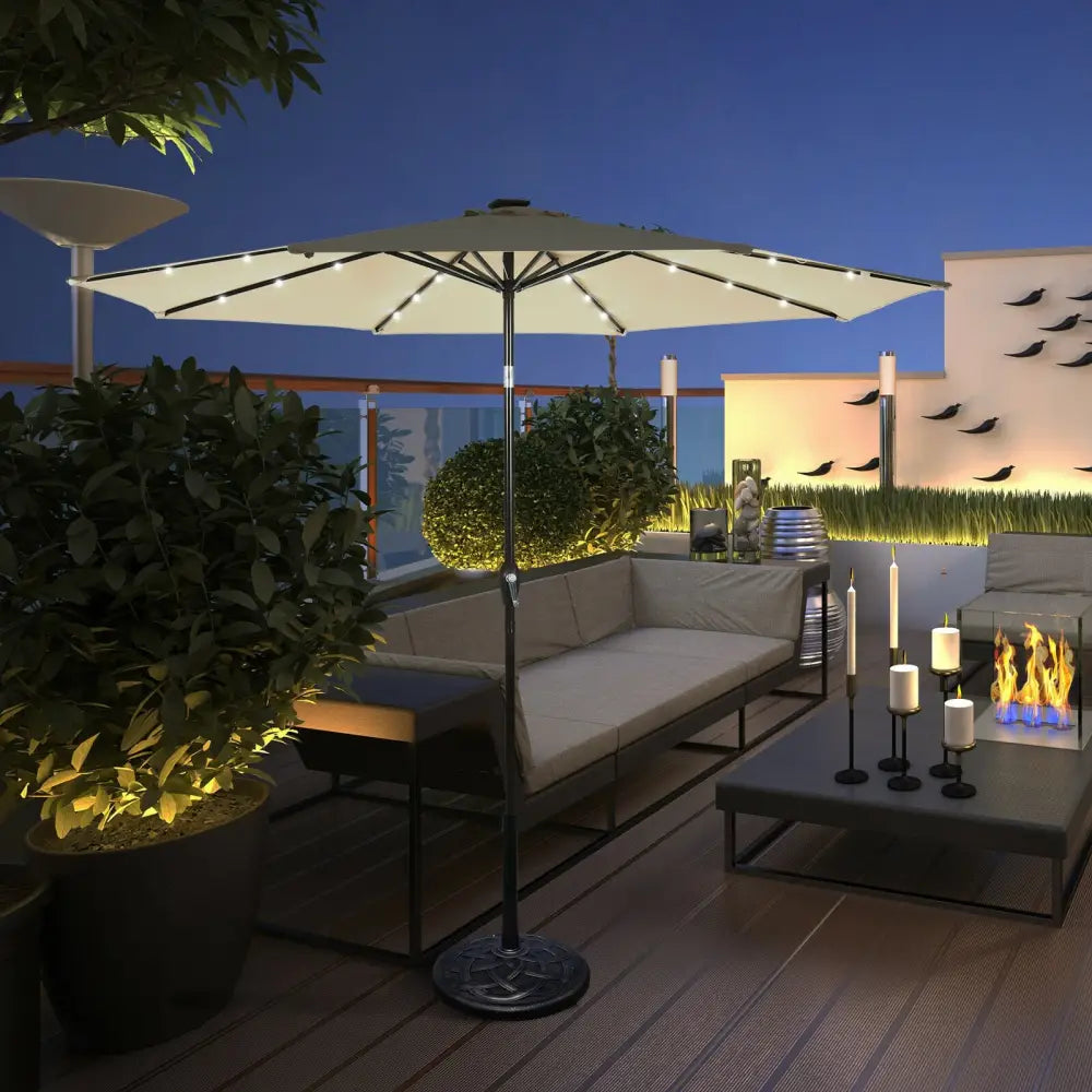 10’ Solar LED Lighted Patio Market Umbrella Shade Tilt Adjustment Crank-Tan - Tan - Outdoor Umbrellas