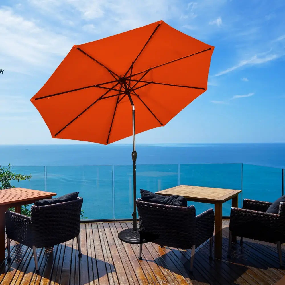 10’ Solar LED Lighted Patio Market Umbrella Shade Tilt Adjustment Crank-Orange - Orange - Outdoor Umbrellas