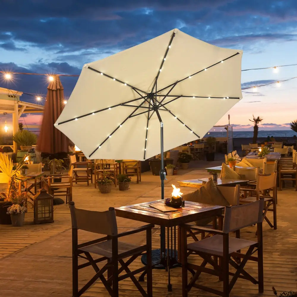10’ Solar LED Lighted Patio Market Umbrella Shade Tilt Adjustment Crank-Beige - Beige - Outdoor Umbrellas
