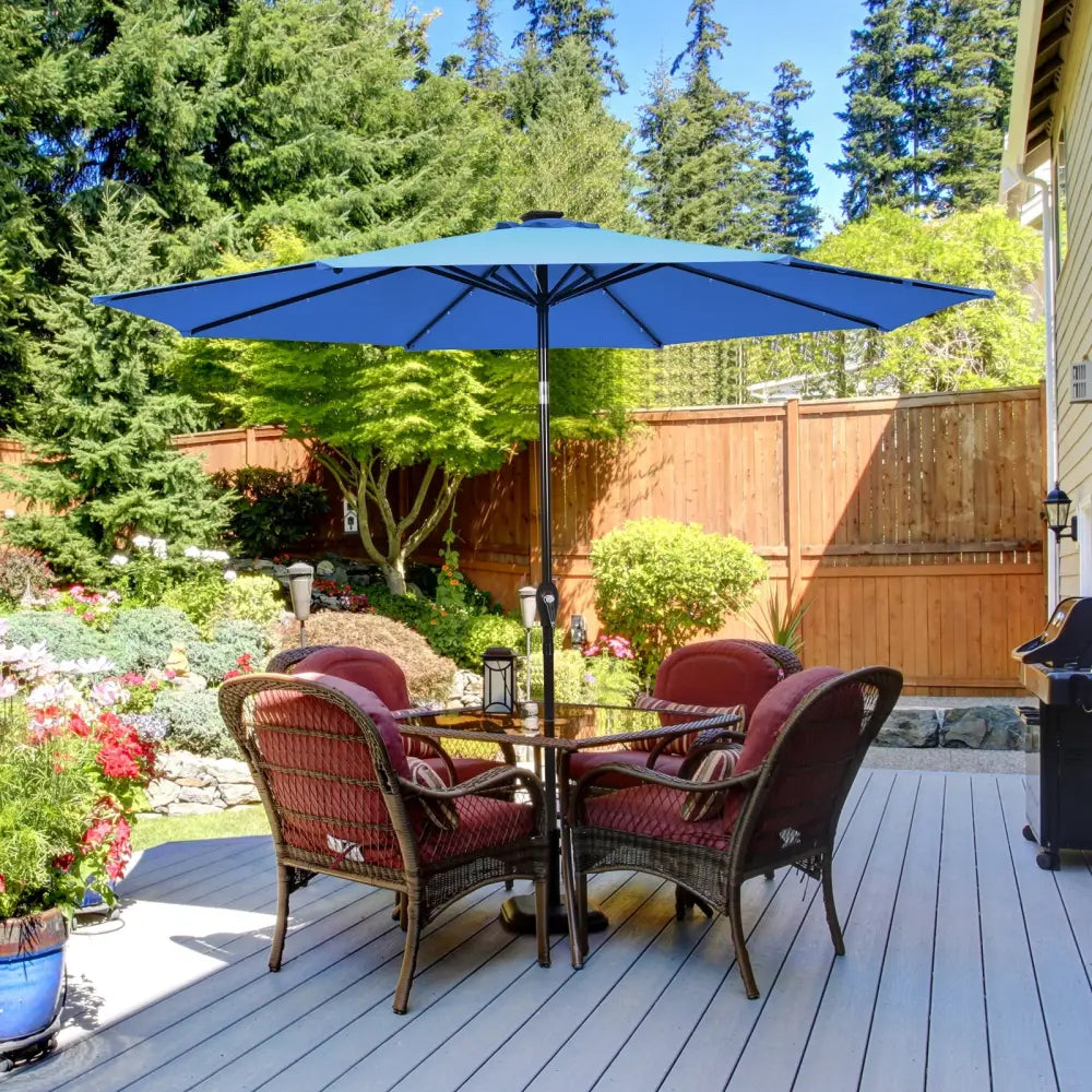 10’ Solar LED Lighted Patio Market Umbrella Shade Tilt Adjustment Crank-Blue - Blue - Outdoor Umbrellas