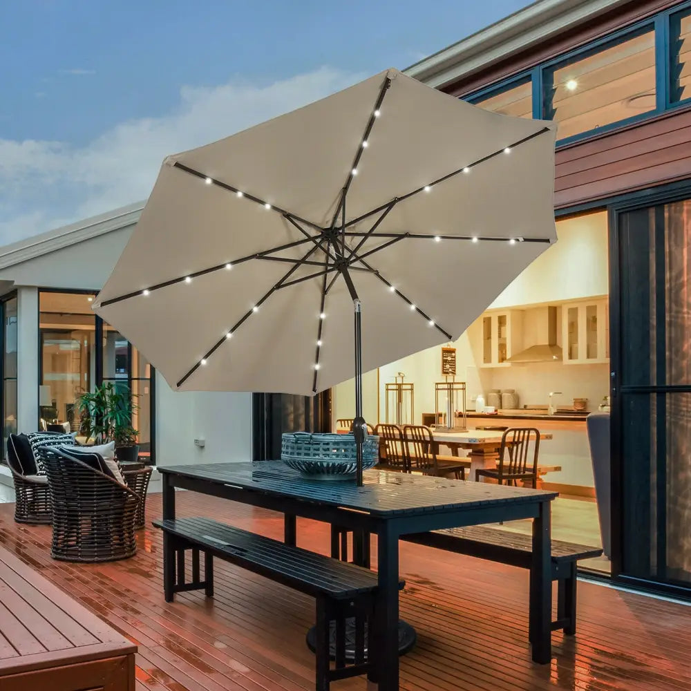 10’ Solar LED Lighted Patio Market Umbrella Shade Tilt Adjustment Crank-Tan - Tan - Outdoor Umbrellas