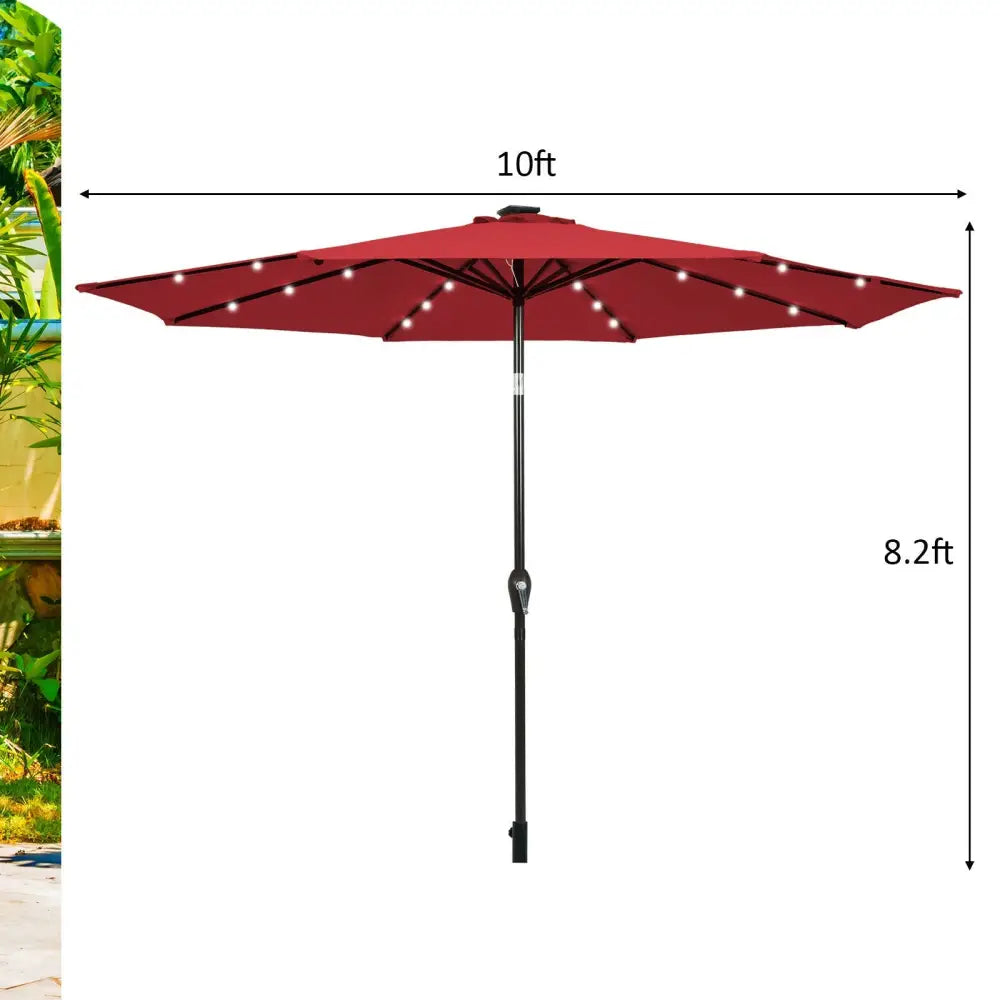 10’ Solar LED Lighted Patio Market Umbrella Shade Tilt Adjustment Crank-Burgundy - Dark Red - Outdoor Umbrellas