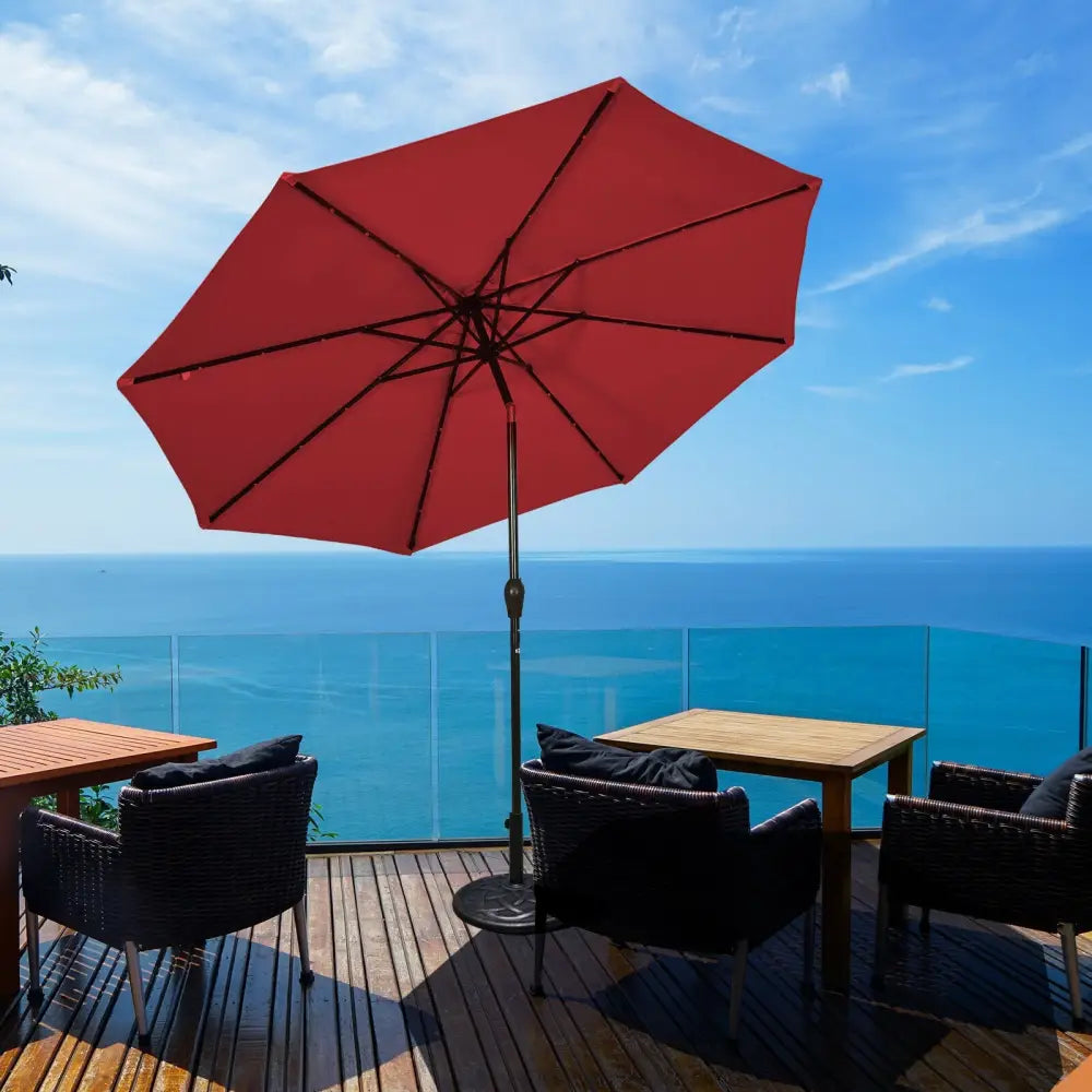 10’ Solar LED Lighted Patio Market Umbrella Shade Tilt Adjustment Crank-Burgundy - Dark Red - Outdoor Umbrellas