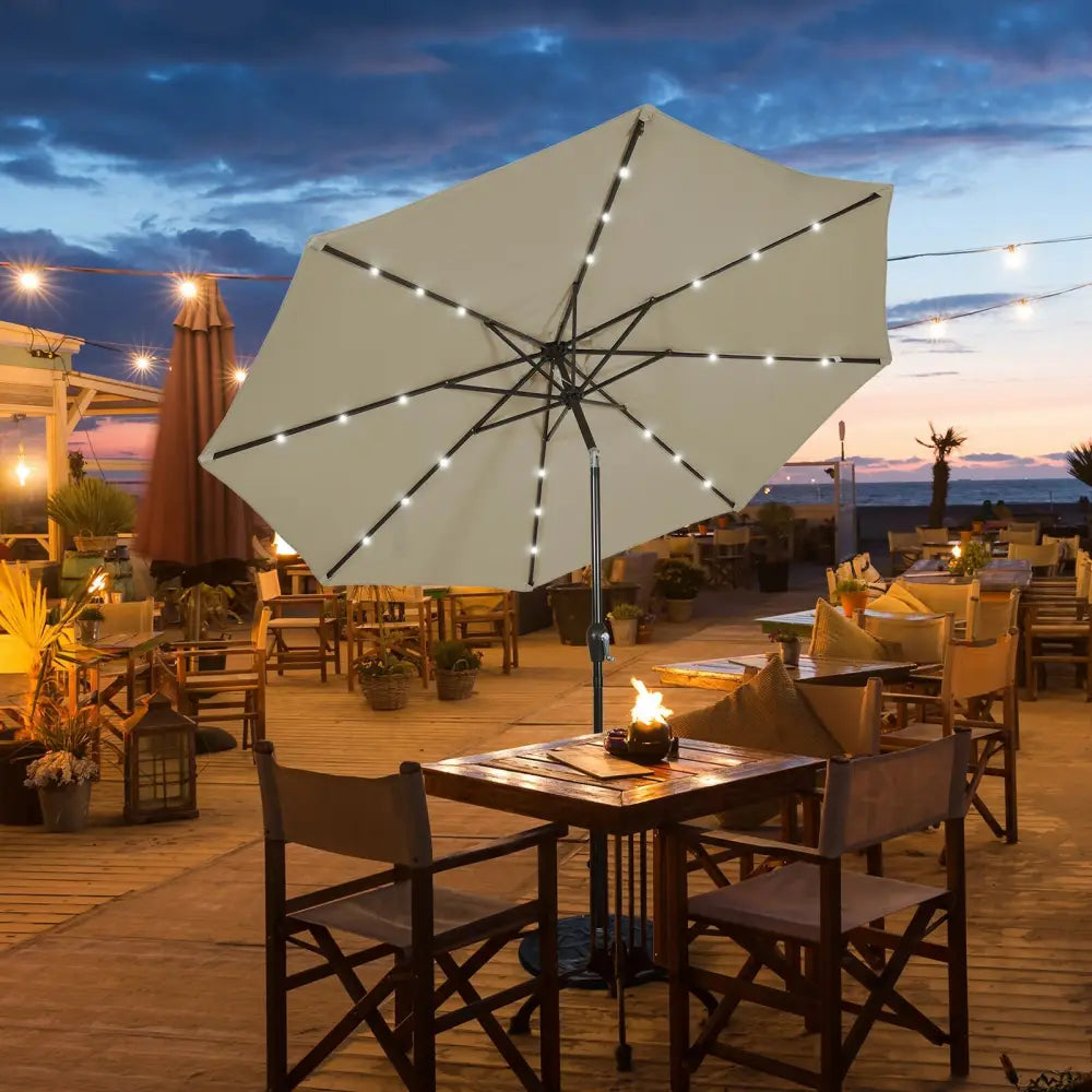 10’ Solar LED Lighted Patio Market Umbrella Shade Tilt Adjustment Crank-Tan - Tan - Outdoor Umbrellas