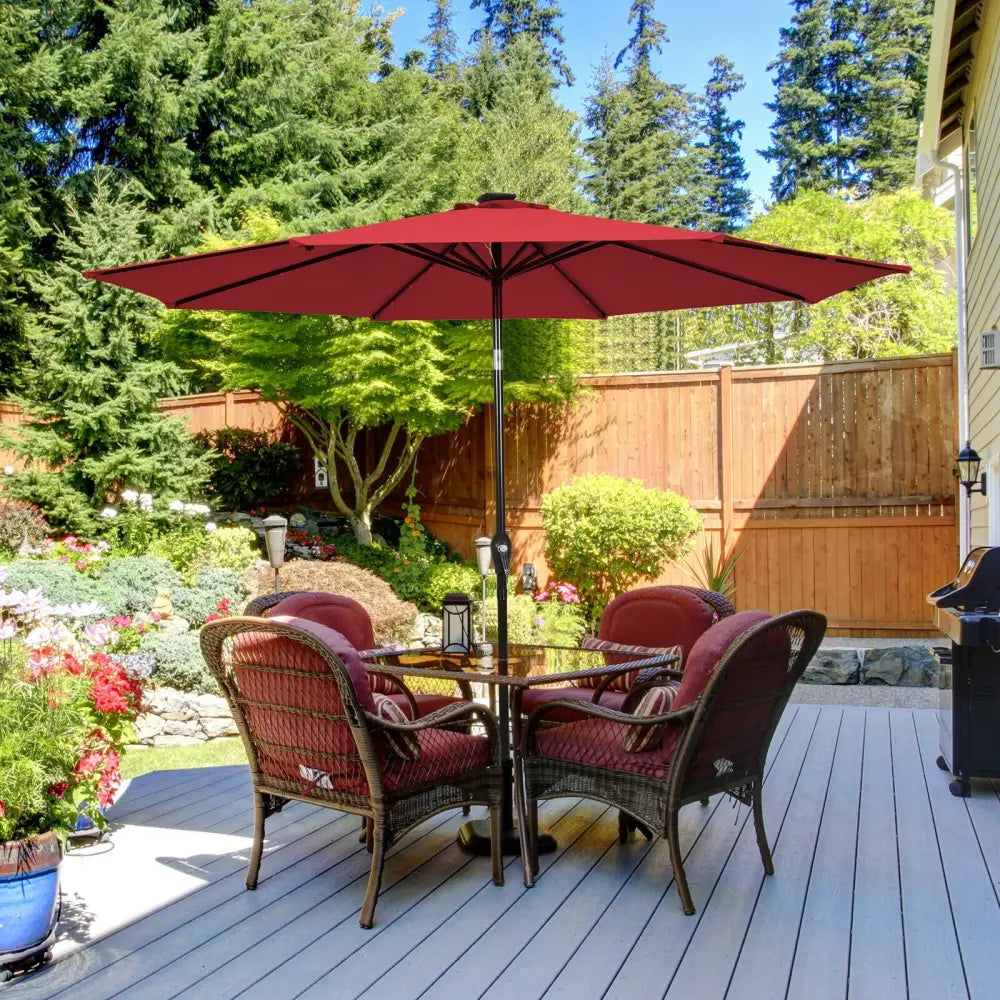 10’ Solar LED Lighted Patio Market Umbrella Shade Tilt Adjustment Crank-Burgundy - Dark Red - Outdoor Umbrellas