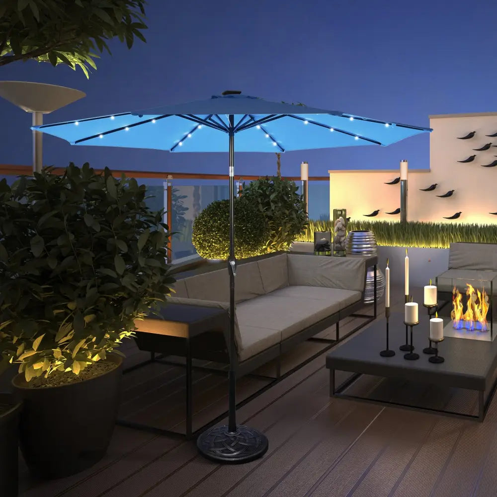 10’ Solar LED Lighted Patio Market Umbrella Shade Tilt Adjustment Crank-Blue - Blue - Outdoor Umbrellas