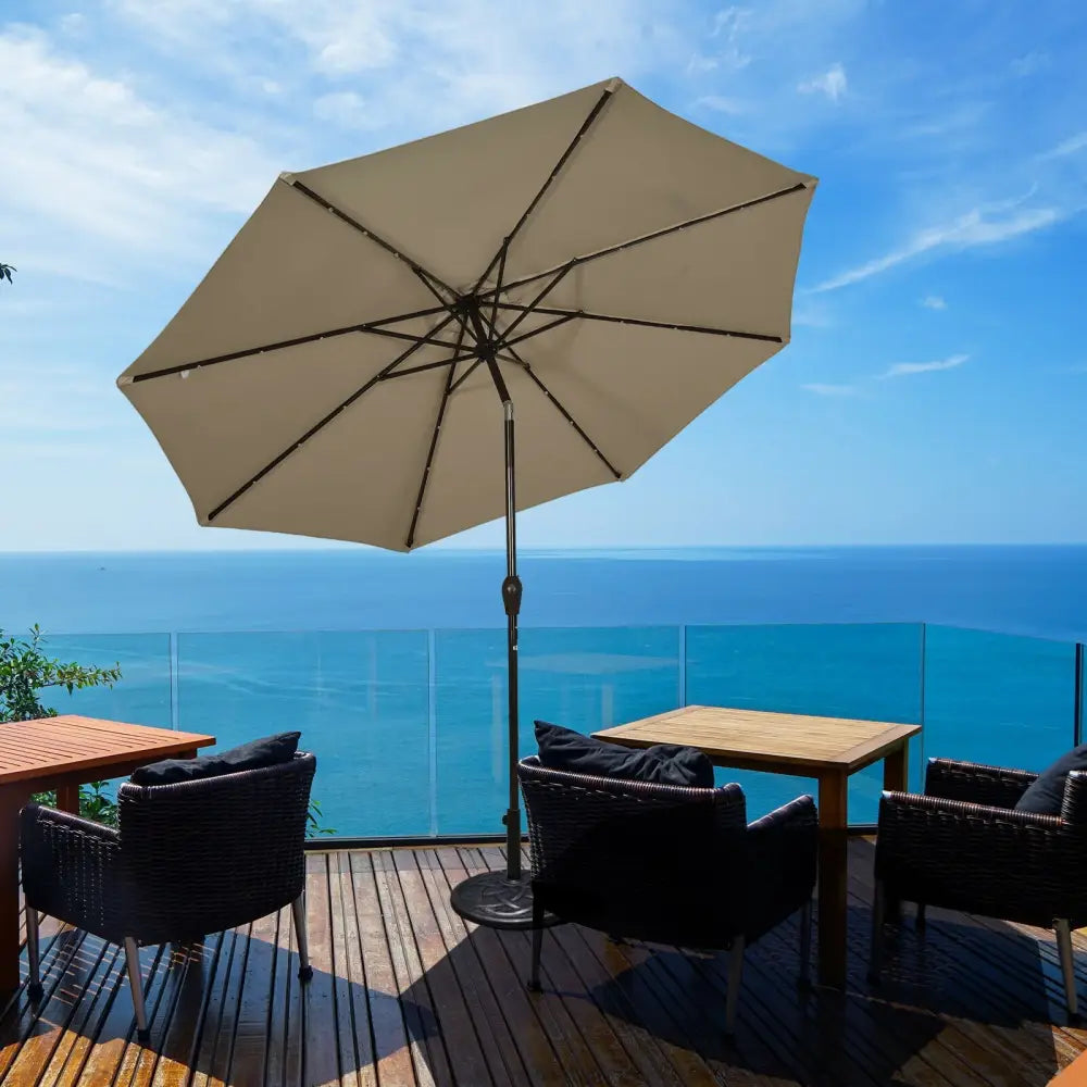 10’ Solar LED Lighted Patio Market Umbrella Shade Tilt Adjustment Crank-Tan - Tan - Outdoor Umbrellas