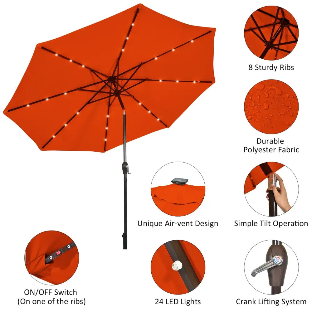 10’ Solar LED Lighted Patio Market Umbrella Shade Tilt Adjustment Crank-Orange - Orange - Outdoor Umbrellas