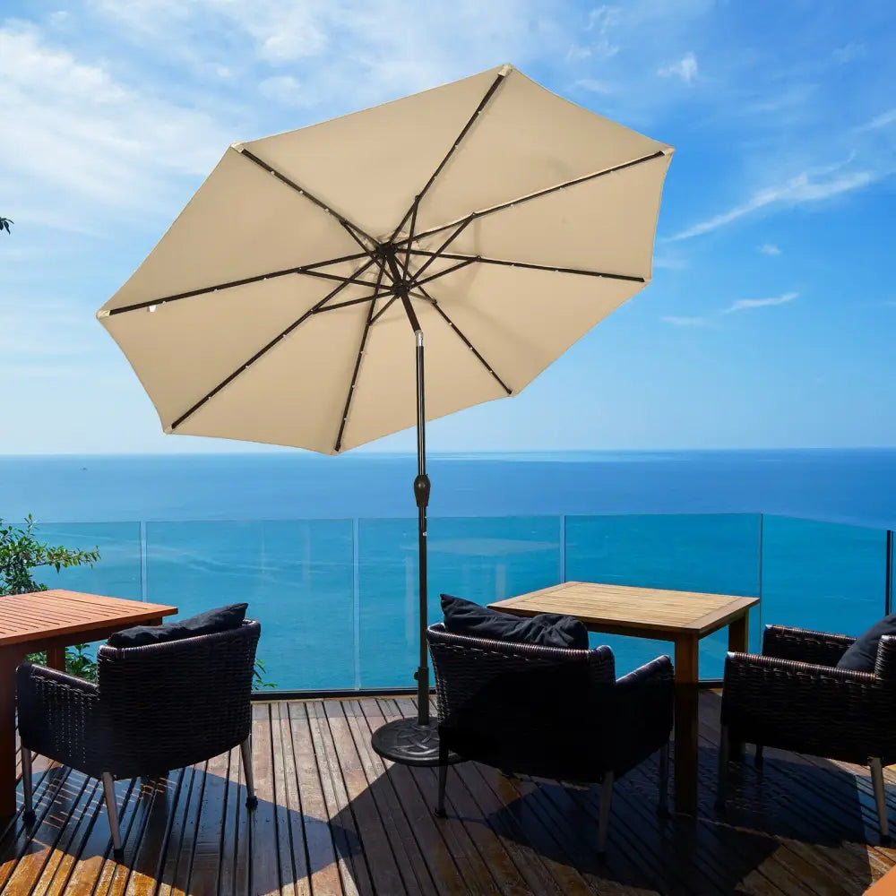 10’ Solar LED Lighted Patio Market Umbrella Shade Tilt Adjustment Crank-Beige - Beige - Outdoor Umbrellas
