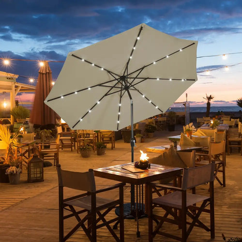 10’ Solar LED Lighted Patio Market Umbrella Shade Tilt Adjustment Crank-Tan - Tan - Outdoor Umbrellas
