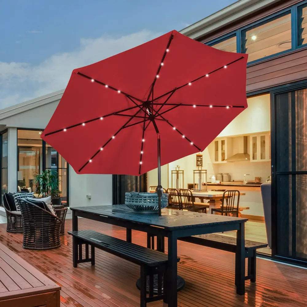 10’ Solar LED Lighted Patio Market Umbrella Shade Tilt Adjustment Crank-Burgundy - Dark Red - Outdoor Umbrellas