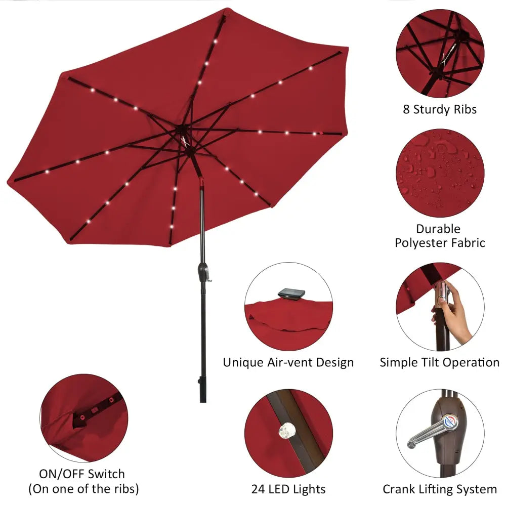 10’ Solar LED Lighted Patio Market Umbrella Shade Tilt Adjustment Crank-Burgundy - Dark Red - Outdoor Umbrellas