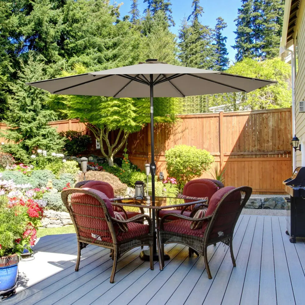 10’ Solar LED Lighted Patio Market Umbrella Shade Tilt Adjustment Crank-Tan - Tan - Outdoor Umbrellas